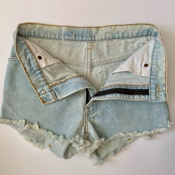 Levis Orange Tab Light Blue High Waisted Jean Shorts Fringe Distressed Boho - Picture 7 of 15